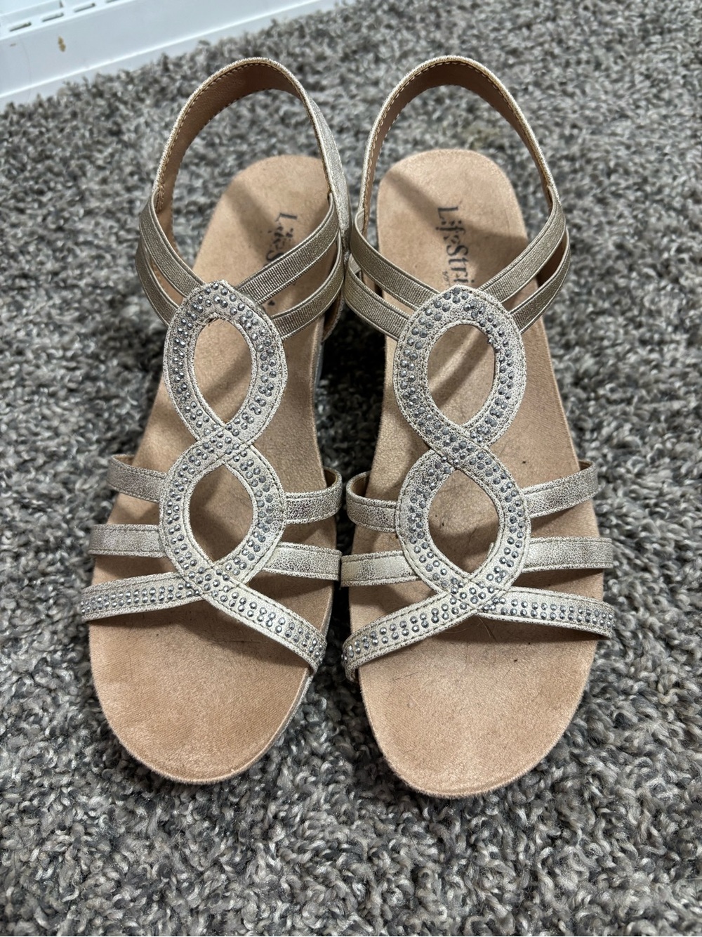 Life Stride Silver-Tone Rhinestone Strappy Slingback Sandals